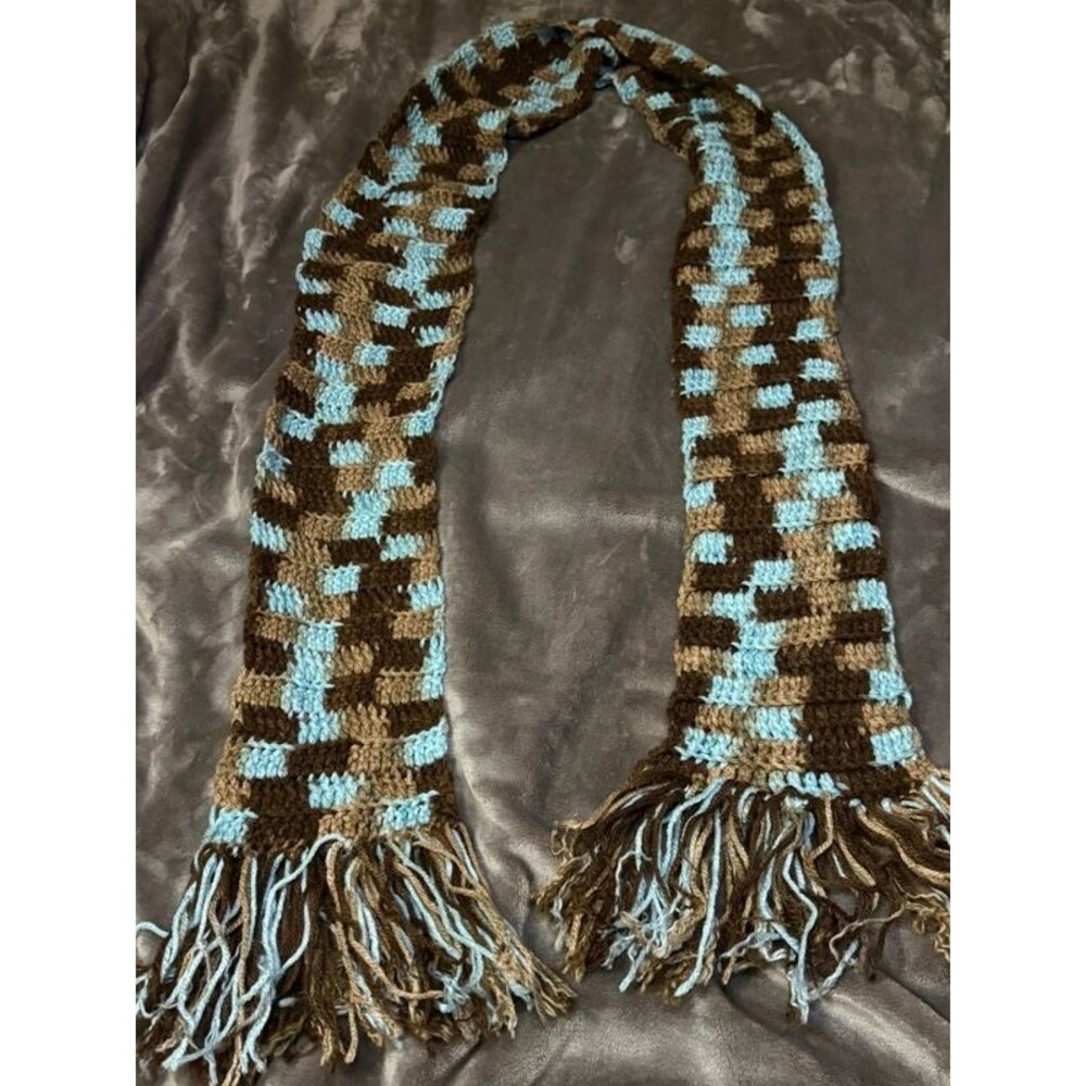 Handmade Crochet Scarf Brown Baby Blue Check Fringe 70s Boho Dark Academia